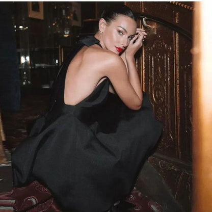 Satin Cocktail Dress with Flared Cut - Valeria-Black-XS-Nora Luxe