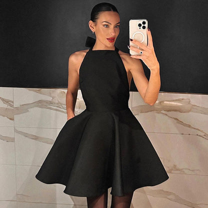 Satin Cocktail Dress with Flared Cut - Valeria-Black-XS-Nora Luxe