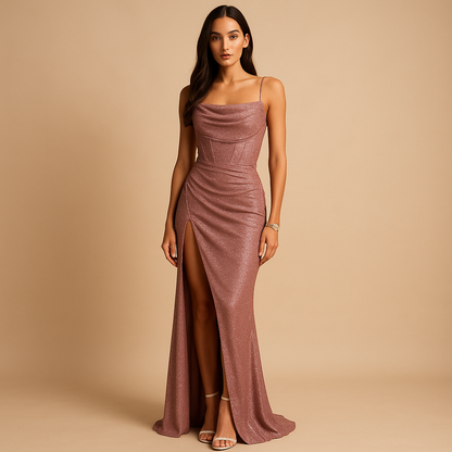 Women’s satin corset dress with structured bodice and high slit, perfect for weddings, galas, and elegant evening occasions.