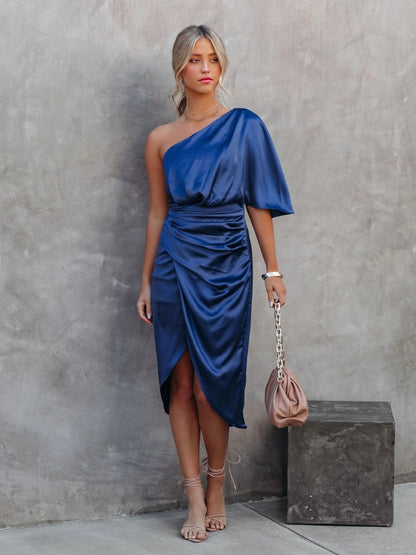 Satin dress with one-shoulder cut & slit – Alina-S-Black-Nora Luxe