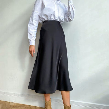 Satin shimmering women's midi skirt in A-line with high waist – Liora-Black-S-Nora Luxe