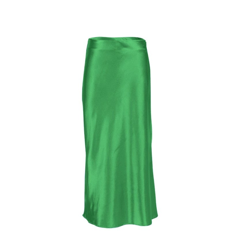 Satin shimmering women's midi skirt in A-line with high waist – Liora-Green-S-Nora Luxe