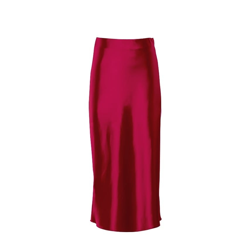 Satin shimmering women's midi skirt in A-line with high waist – Liora-Red-S-Nora Luxe
