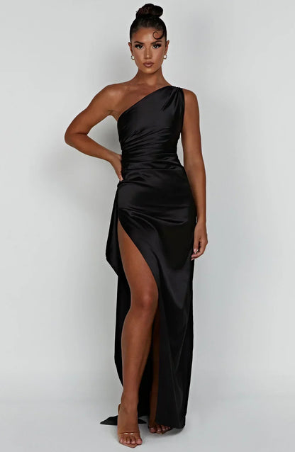 Satin Split Dress with One Shoulder - Vivienne-Red-XS-The Livary