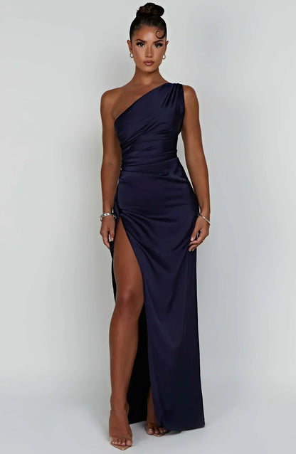 Satin Split Dress with One Shoulder - Vivienne-Red-XS-The Livary
