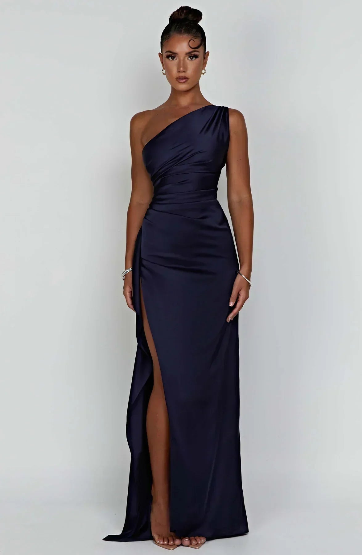 Satin Split Dress with One Shoulder - Vivienne-Red-XS-The Livary