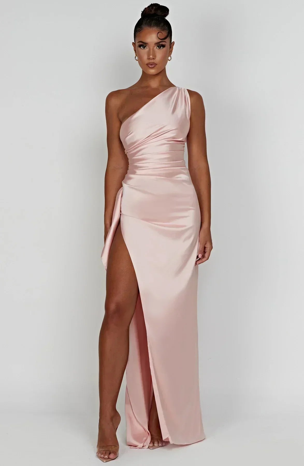 Satin Split Dress with One Shoulder - Vivienne-Red-XS-The Livary