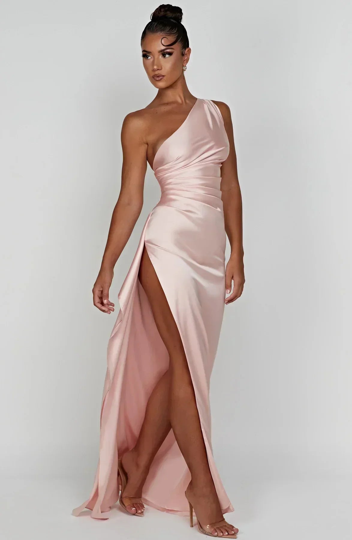 Satin Split Dress with One Shoulder - Vivienne-Red-XS-The Livary