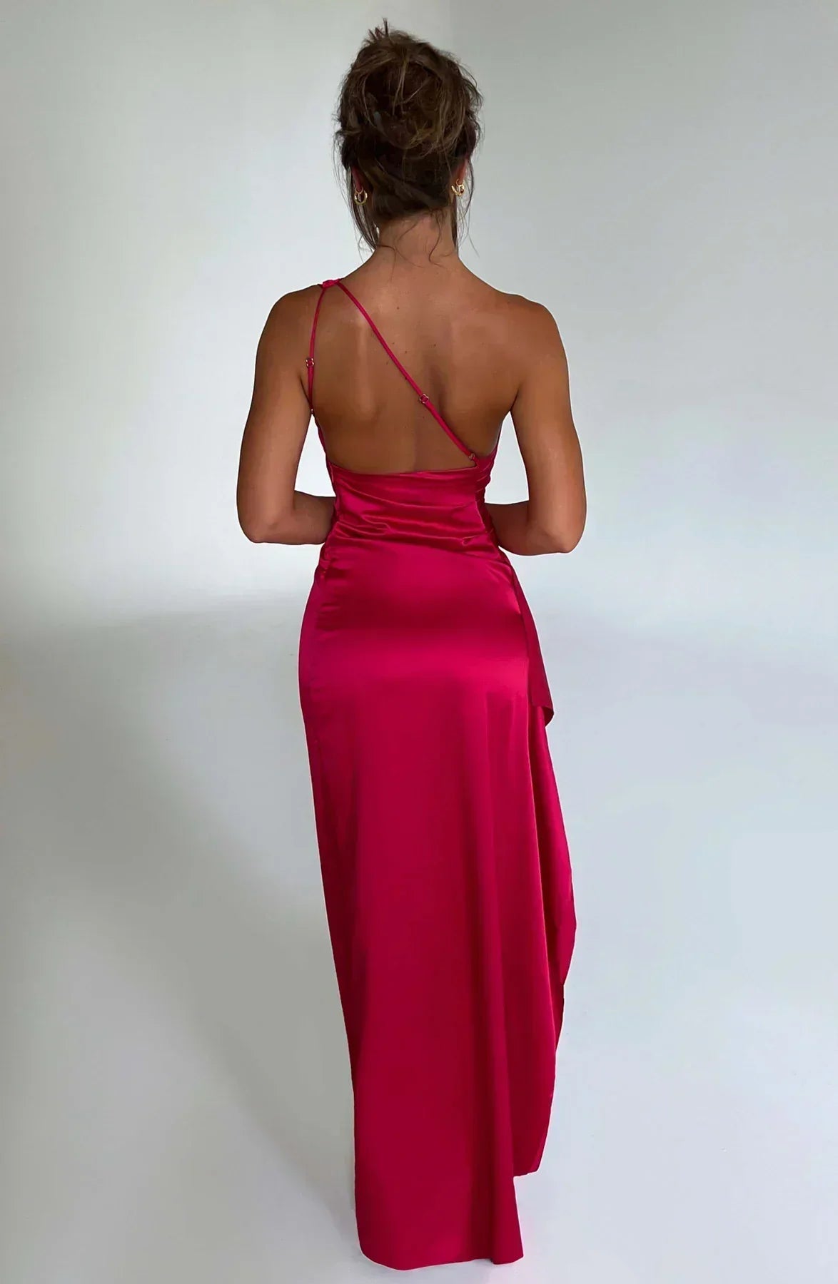 Satin Split Dress with One Shoulder - Vivienne-Red-XS-The Livary