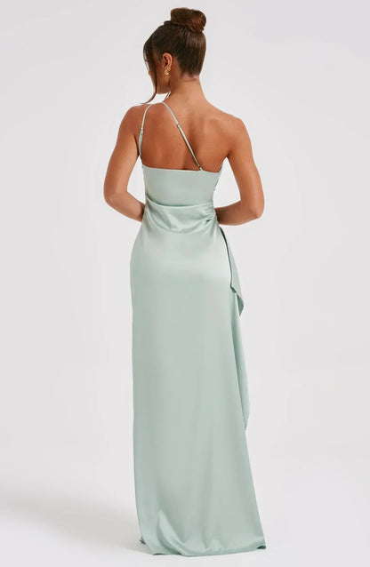 Satin Split Dress with One Shoulder - Vivienne-Red-XS-The Livary