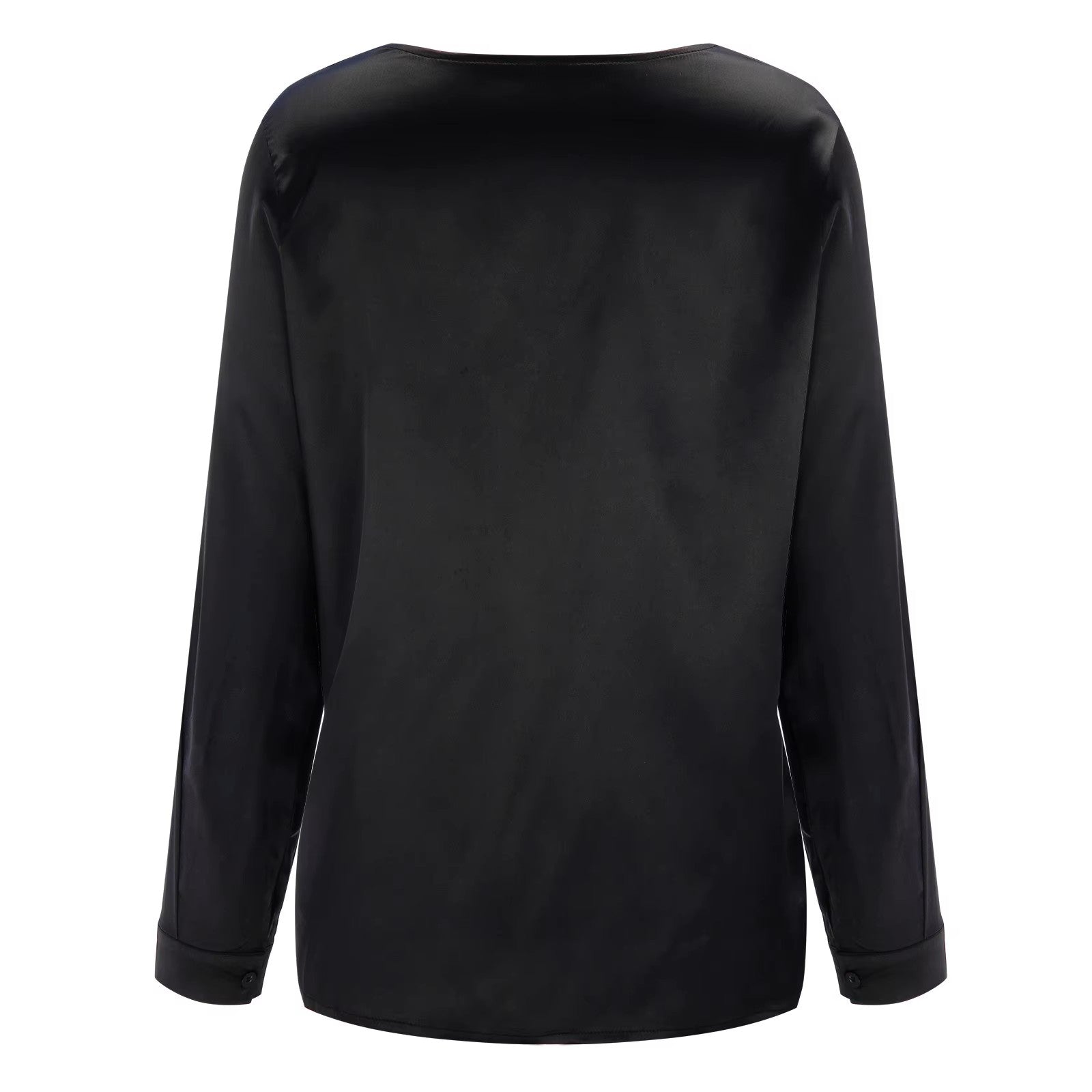 Satin women's shirt with deep V-neck & long sleeves – Daria-Black-S-Nora Luxe