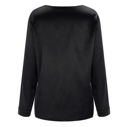 Satin women's shirt with deep V-neck & long sleeves – Daria-Black-S-Nora Luxe