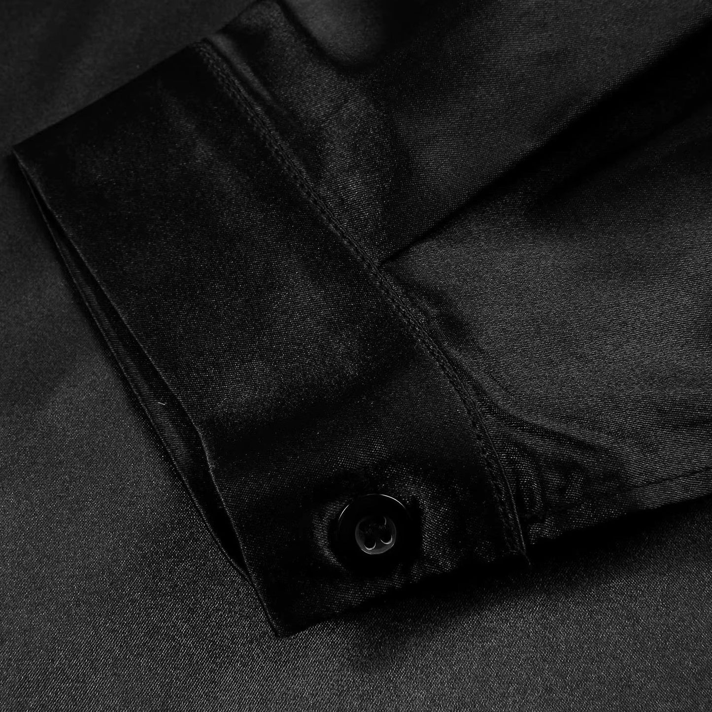 Satin women's shirt with deep V-neck & long sleeves – Daria-Black-S-Nora Luxe