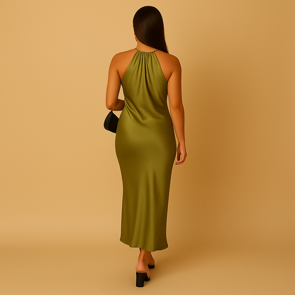 Satin wrap dress for women with long sleeves and elegant sheen, perfect for evening events, weddings, and festive occasions.