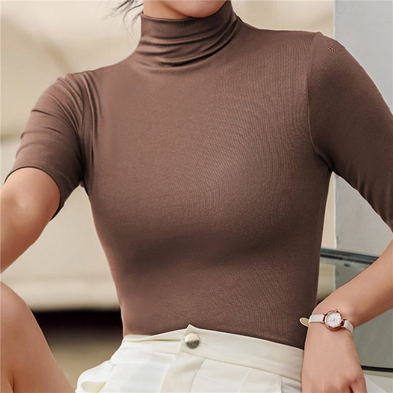 Seamless & Soft Women's Roll Neck Top with Figure-Hugging Fit - Arina-Brown-XS-Nora Luxe