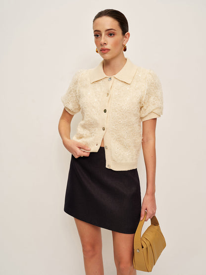 Glittery Lace Patterned Open Cardigan - Pexav