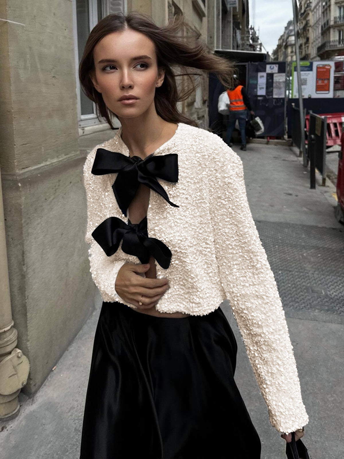 Glittering Soft Bow Knot Embellished Jacket - Pexav