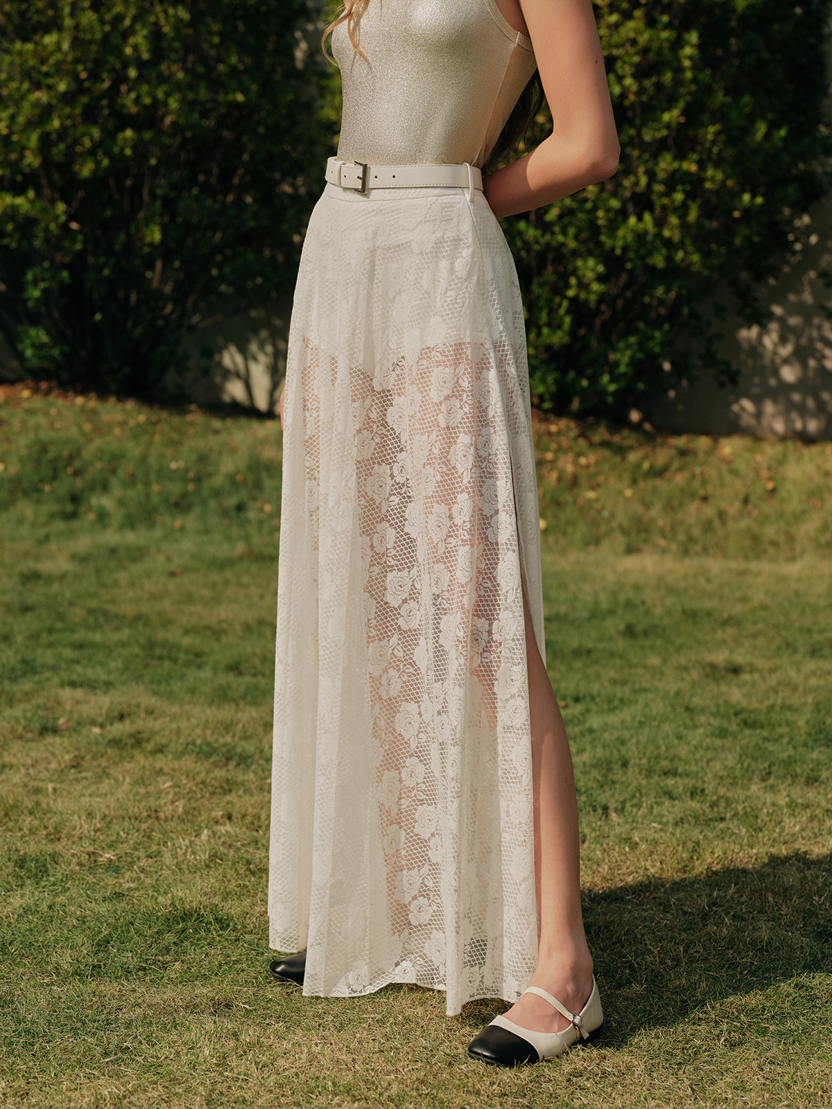 Flowy Ruffled Midi Skirt With Waist Belt