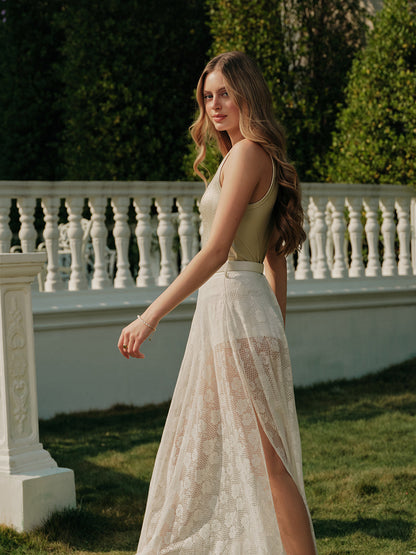 Flowy Ruffled Midi Skirt With Waist Belt