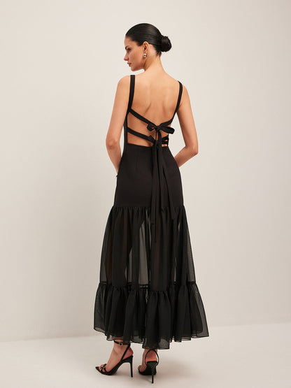 Flowy Ruffle Trim V-Neck Summer Dress - Pexav