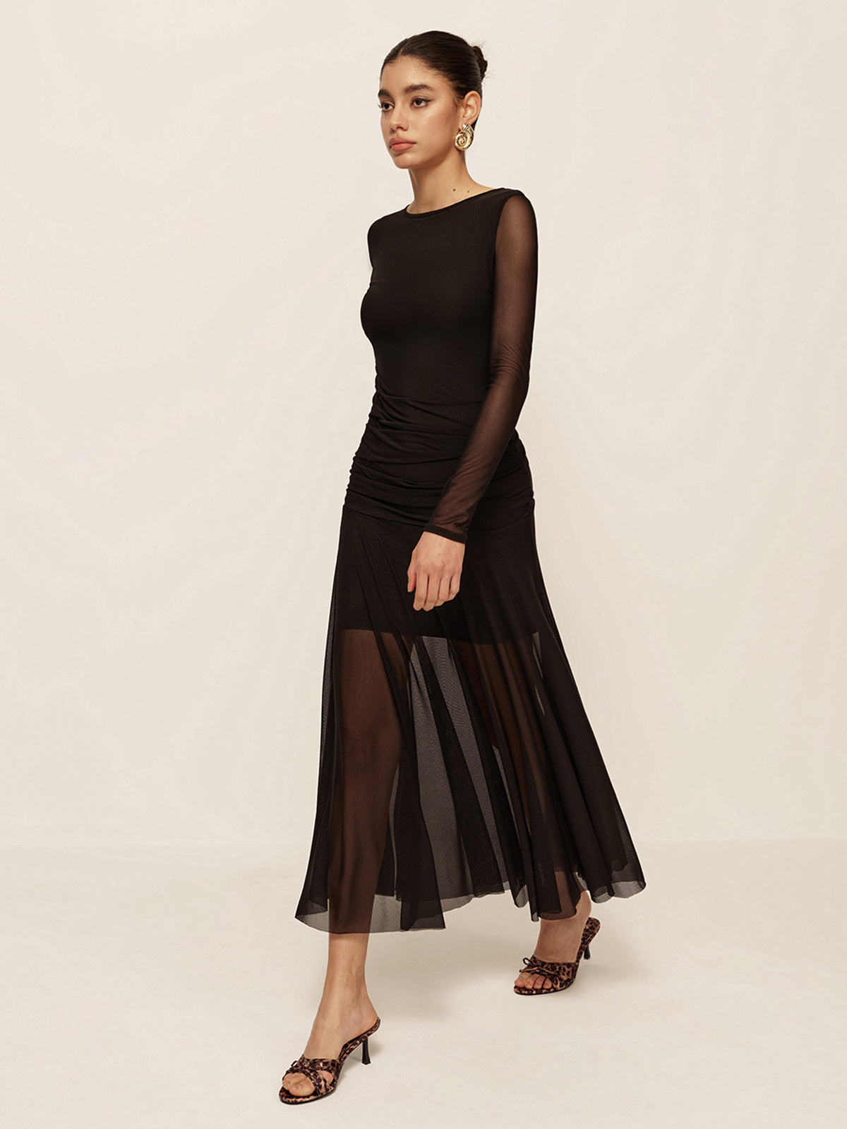 Lightweight Gathered Long Sleeve Chiffon Dress