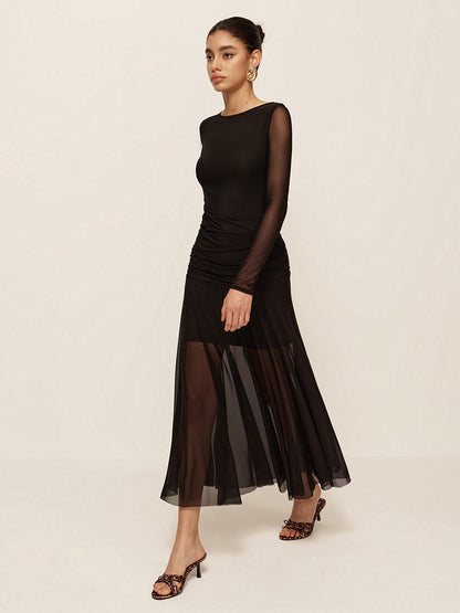 Lightweight Gathered Long Sleeve Chiffon Dress