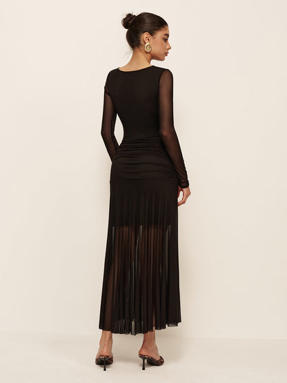 Lightweight Gathered Long Sleeve Chiffon Dress