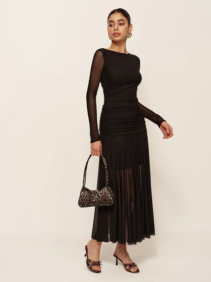 Lightweight Gathered Long Sleeve Chiffon Dress