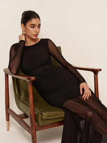 Lightweight Gathered Long Sleeve Chiffon Dress