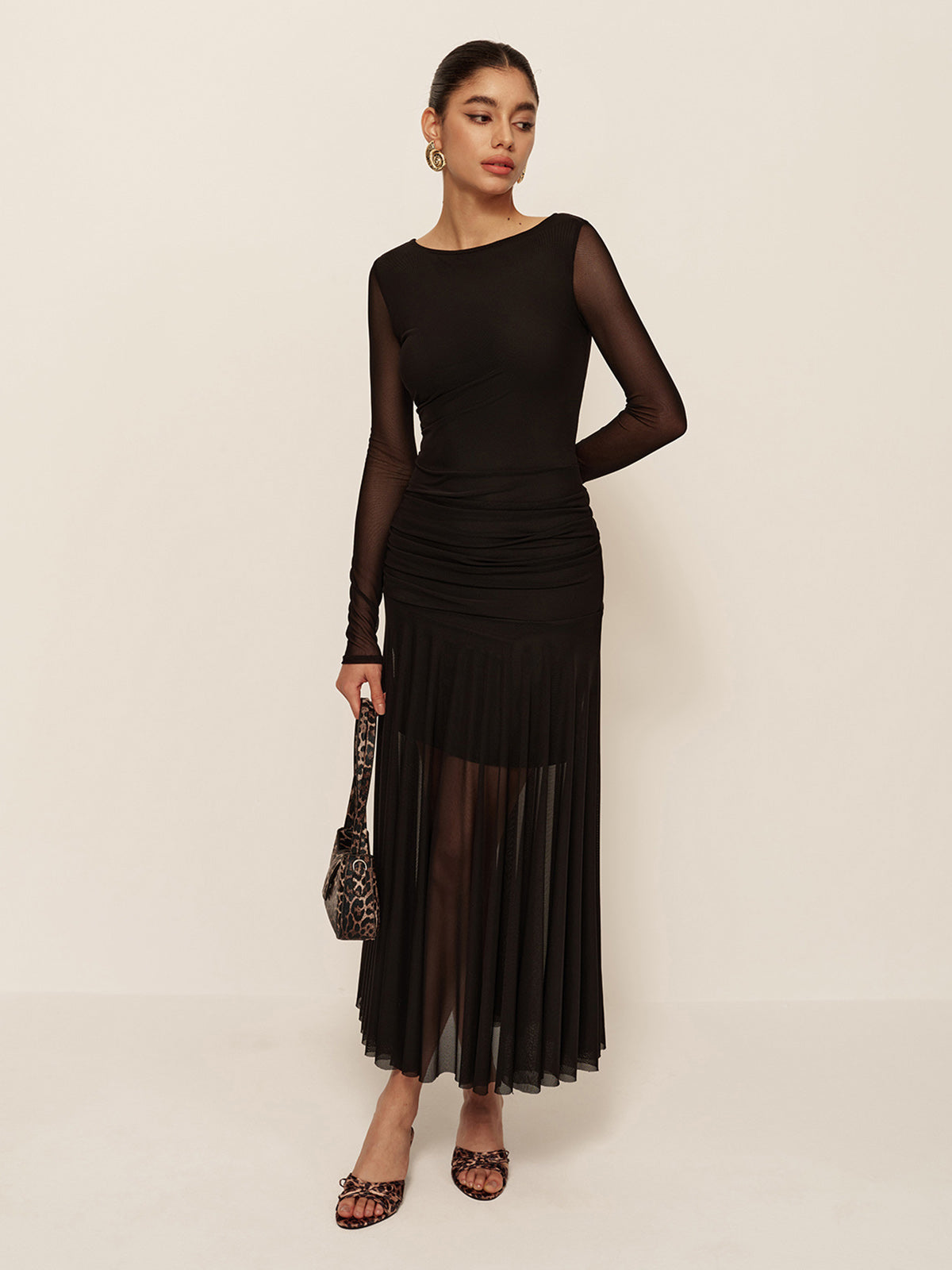 Lightweight Gathered Long Sleeve Chiffon Dress - Pexav