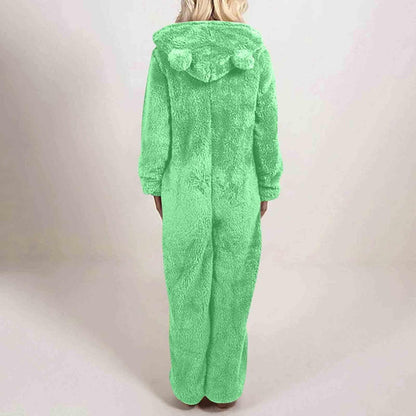 Sherpa Fuzzy Onesie with Hood - CozyCat-Olive Green-S-Nora Luxe