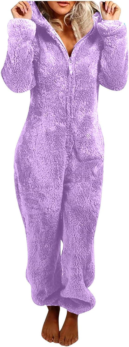 Sherpa Fuzzy Onesie with Hood - CozyCat-Purple-S-Nora Luxe