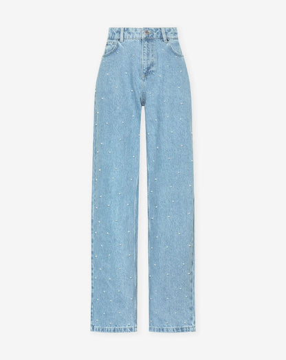Shiny Denim Jeans - StarStruck-S-Light Blue Pearls-Nora Luxe