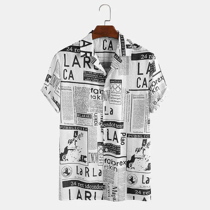 Shirt with Newspaper Print and Button Closure - Milo-Black-S-Nora Luxe