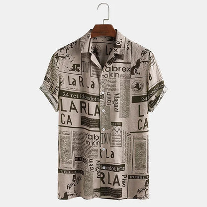 Shirt with Newspaper Print and Button Closure - Milo-Black-S-Nora Luxe