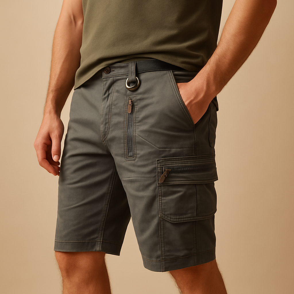 Men’s short cargo shorts with multiple pockets and relaxed fit, perfect for outdoor adventures, travel, and casual everyday wear.