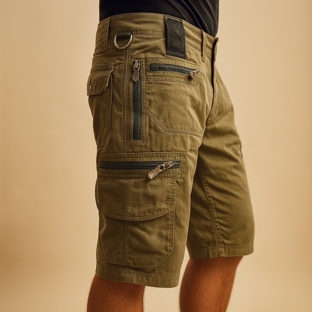 Men’s short cargo shorts with multiple pockets and relaxed fit, perfect for outdoor adventures, travel, and casual everyday wear.