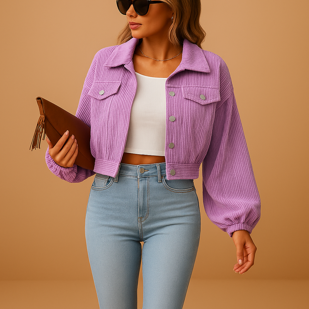 Short corduroy jacket for women with ribbed texture, silver buttons, and chest pockets, ideal for casual and elegant outfits in any season.