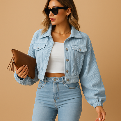 Short corduroy jacket for women with cropped fit, ribbed texture, and silver buttons for an elegant modern look.