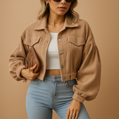 Short corduroy jacket for women with cropped fit, ribbed texture, and silver buttons for an elegant modern look.