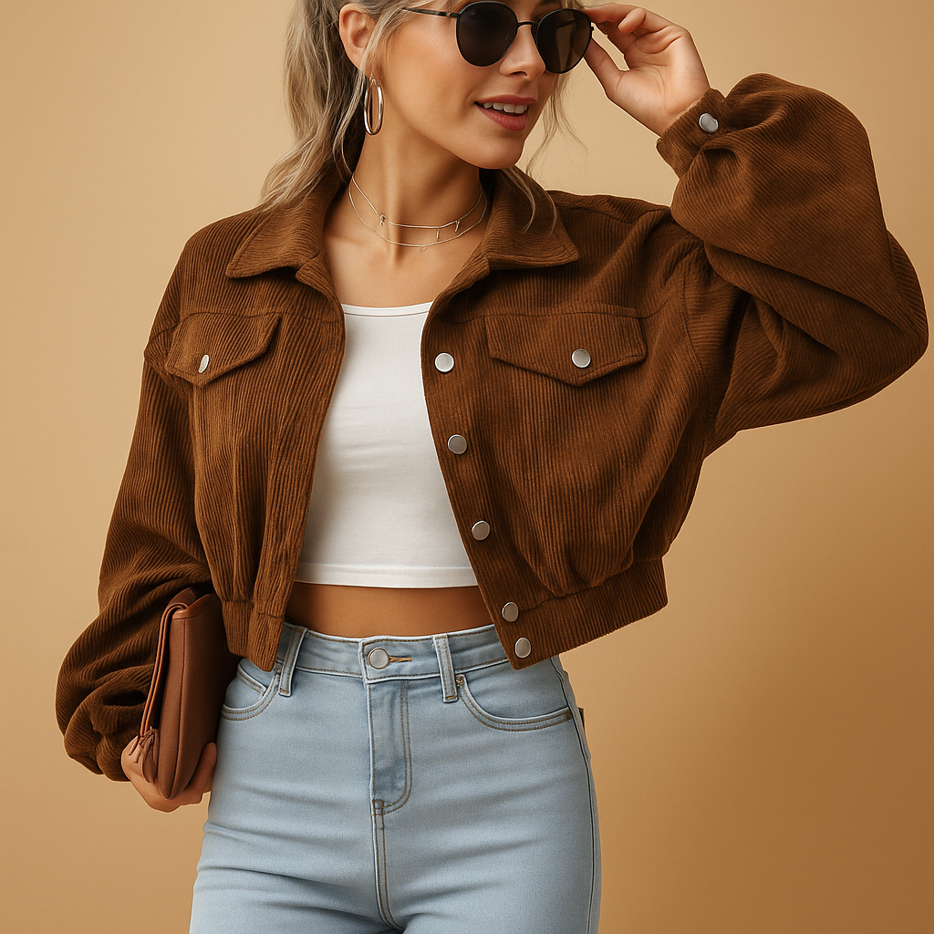 Short corduroy jacket for women with cropped fit, ribbed texture, and silver buttons for an elegant modern look.