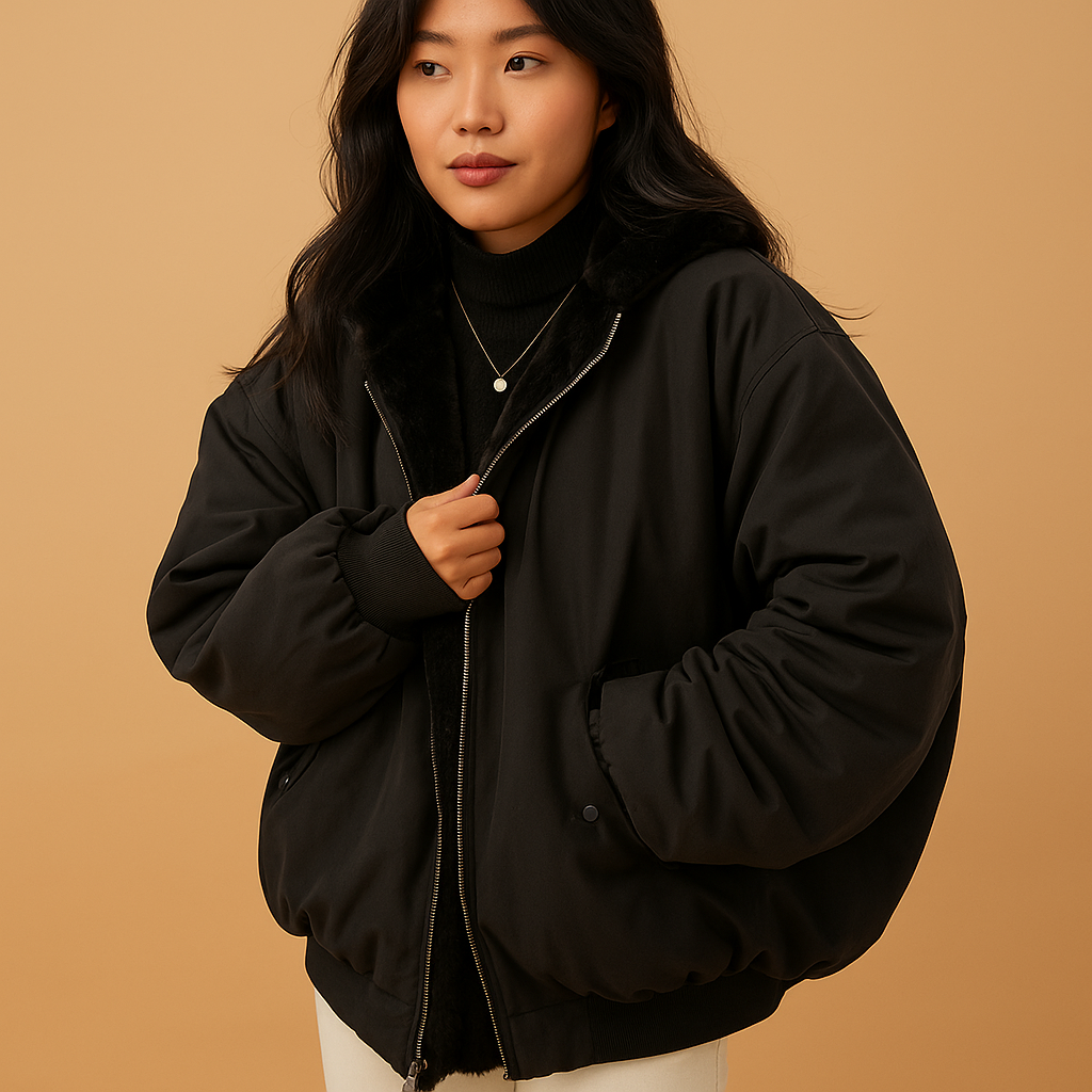 Women’s short hooded winter jacket with padded lining, removable hood, and modern fit, suitable for daily wear and city outings in winter.