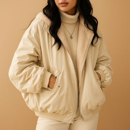 Women’s short hooded winter jacket with padded lining, removable hood, and modern fit, suitable for daily wear and city outings in winter.