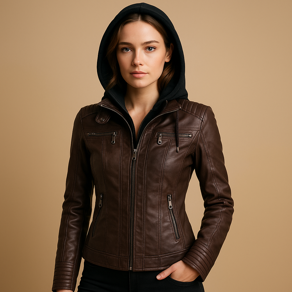 Women’s short jacket with a slim fit, detachable hood, and modern zip details, suitable for casual outings, outdoor wear, and stylish evenings.