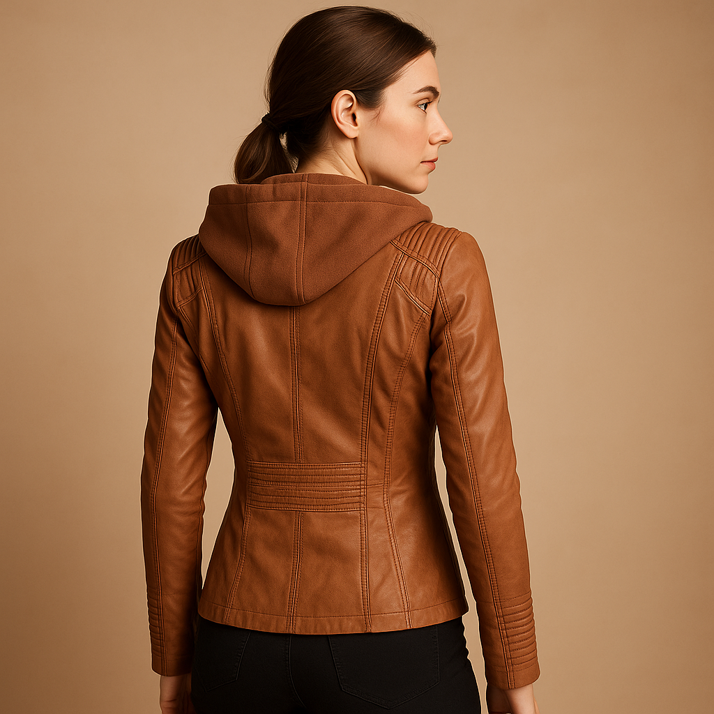 Women’s short jacket with a slim fit, detachable hood, and modern zip details, suitable for casual outings, outdoor wear, and stylish evenings.