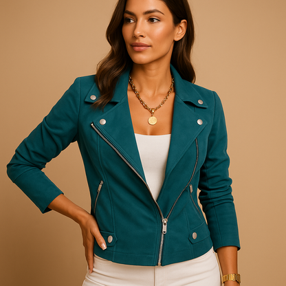 Women’s short summer jacket in lightweight breathable fabric with modern tailored cut. Perfect for casual outfits, smart casual looks, and travel.