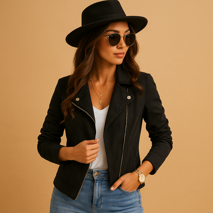 Women’s short summer jacket in lightweight breathable fabric with modern tailored cut. Perfect for casual outfits, smart casual looks, and travel.