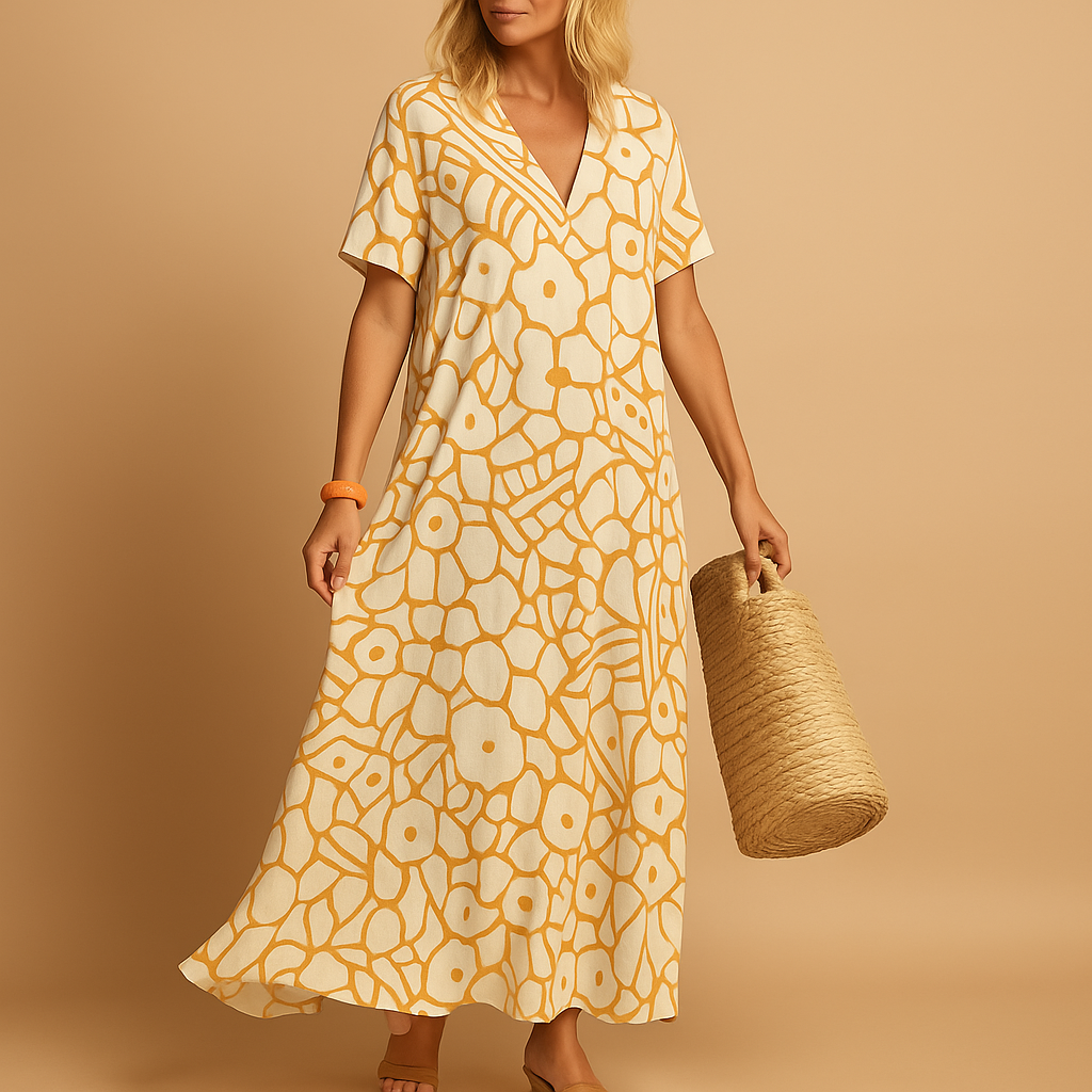 Short sleeve summer dress for women named Isla, featuring a lightweight, breathable fabric and casual fit perfect for warm days, beach outings, and brunches.