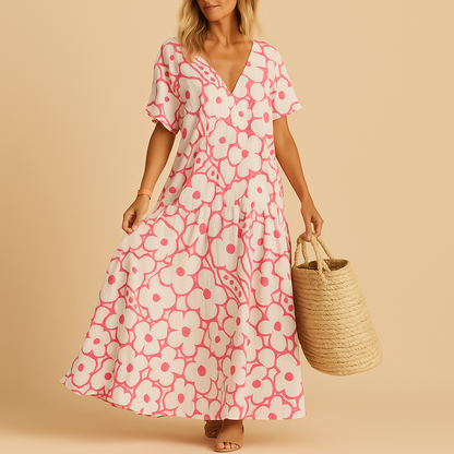 Short sleeve summer dress for women named Isla, featuring a lightweight, breathable fabric and casual fit perfect for warm days, beach outings, and brunches.
