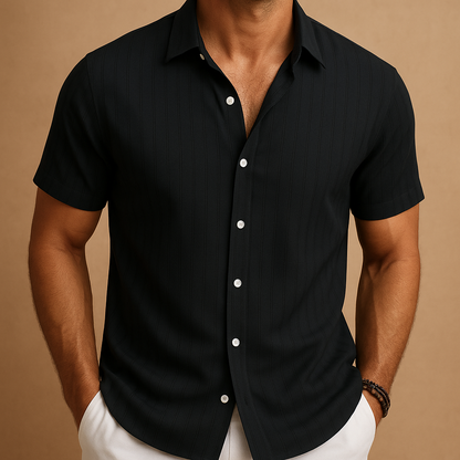 Men’s short sleeve summer shirt with slim fit and smart collar, made from breathable lightweight fabric. Ideal for warm days, casual wear, or business settings.